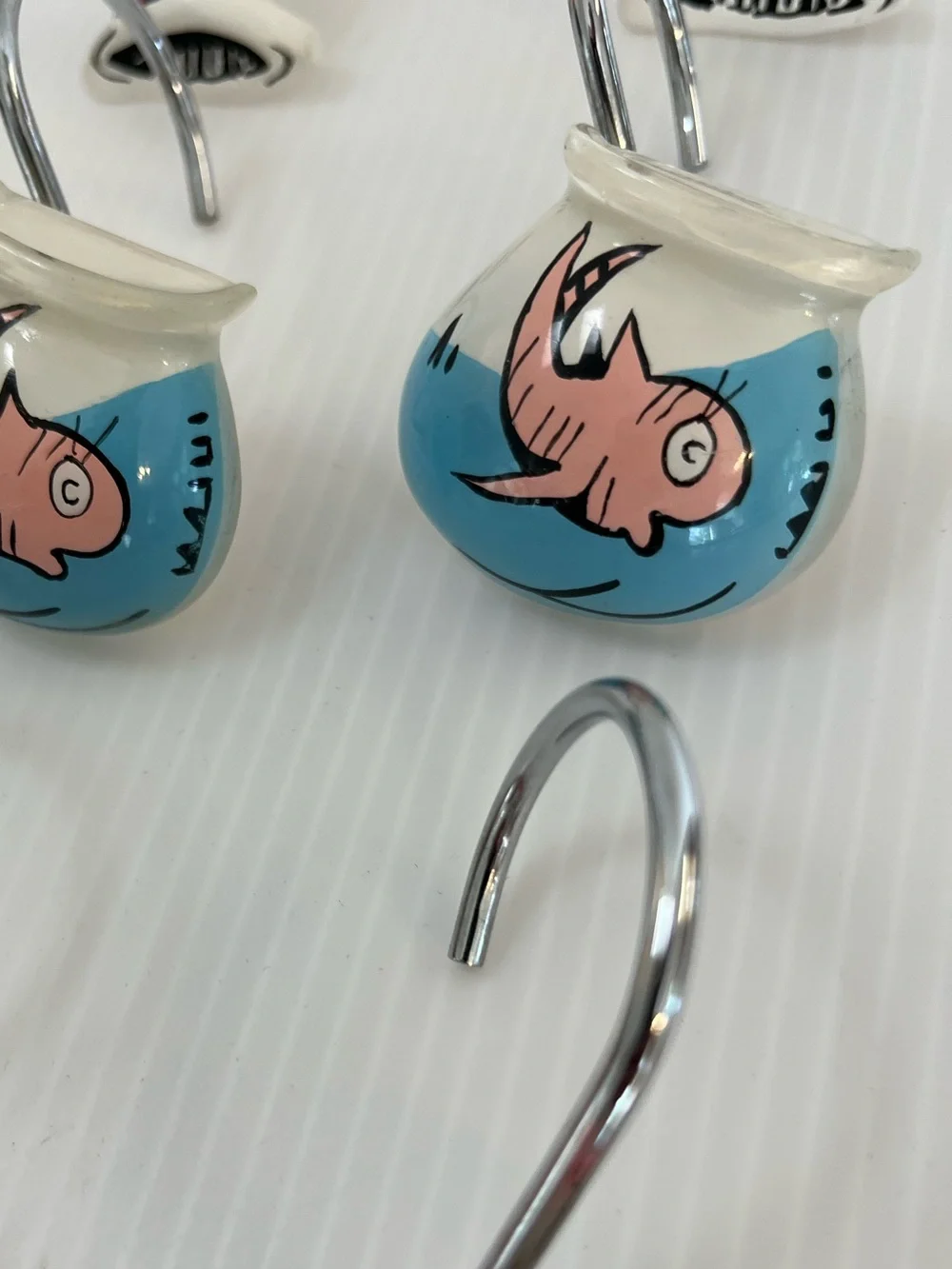 Set of 12 Dr. Seuss Shower Hooks with Red-White Hats, Pink Fish & Blue Bowls